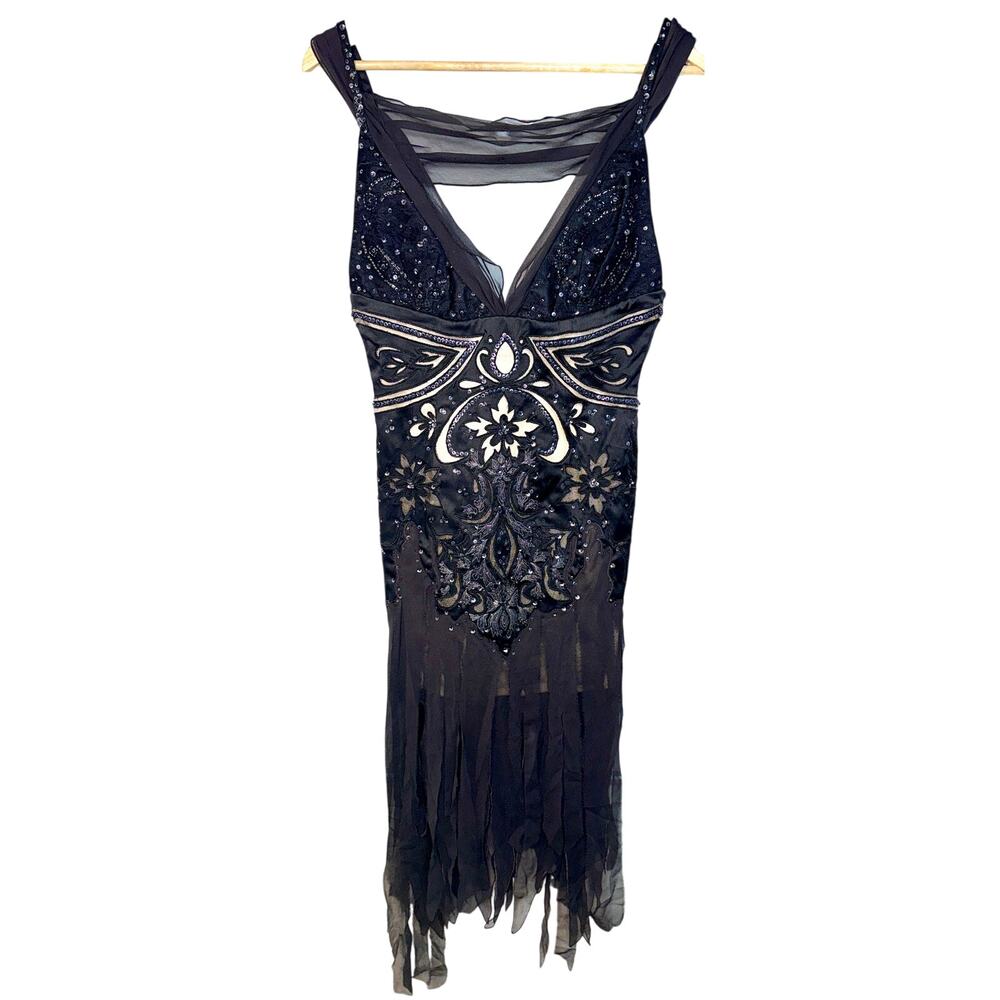 NWT Mandalay Black Silver Beaded Sequin Short Mini Evening Dress Womens Size 2